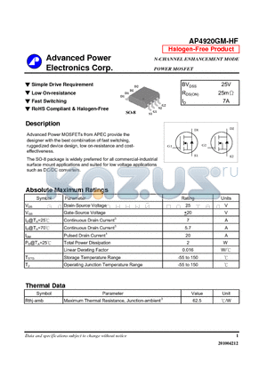 AP4920GM-HF datasheet - Simple Drive Requirement, Low On-resistance