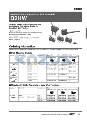 D2HW-BL212M datasheet - Sealed Subminiature Snap Action Switch