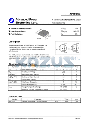 AP4924M datasheet - N-CHANNEL ENHANCEMENT MODE POWER MOSFET