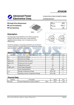 AP4953M datasheet - P-CHANNEL ENHANCEMENT MODE