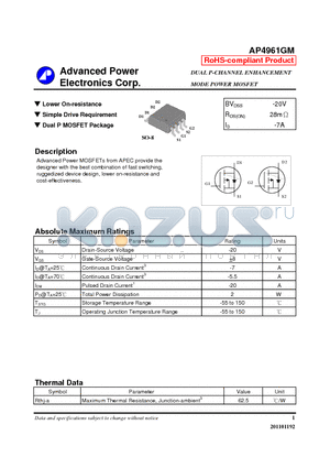 AP4961GM datasheet - Lower On-resistance, Simple Drive Requirement