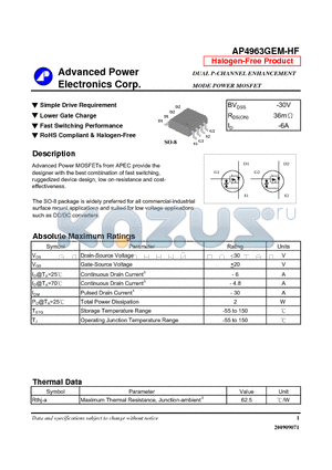 AP4963GEM-HF datasheet - Simple Drive Requirement, Lower Gate Charge