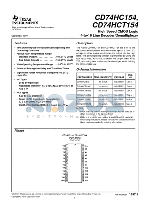 CD74HC154E datasheet - High Speed CMOS Logic 4-to-16 Line Decoder/Demultiplexer