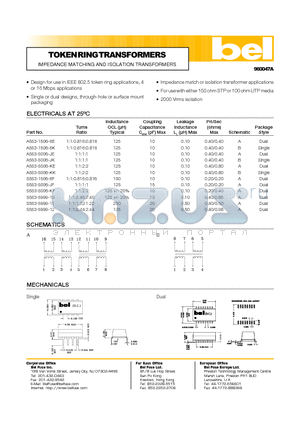 A553-5006-KK datasheet - TOKENRINGTRANSFORMERS IMPEDANCE MATCHING AND ISOLATION TRANSFORMERS