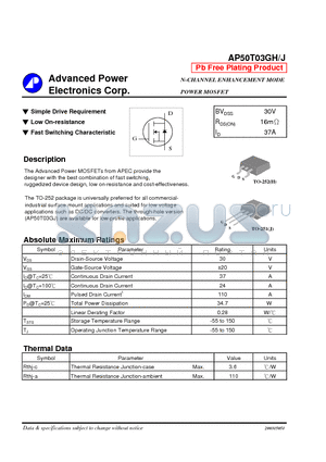 AP50T03GJ datasheet - Simple Drive Requirement Low On-resistance