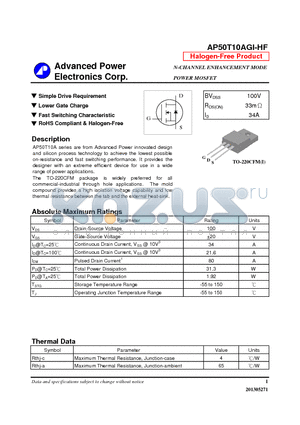 AP50T10AGI-HF datasheet - N-CHANNEL ENHANCEMENT MODE POWER MOSFET