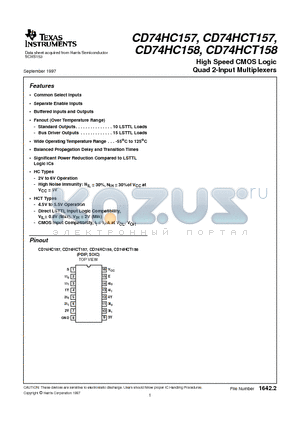 CD74HC157E datasheet - High Speed CMOS Logic Quad 2-Input Multiplexers