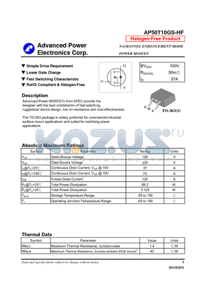 AP50T10GS-HF datasheet - N-CHANNEL ENHANCEMENT MODE POWER MOSFET