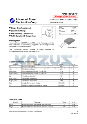 AP50T10GI-HF datasheet - N-CHANNEL ENHANCEMENT MODE POWER MOSFET