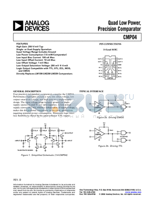 CMP04 datasheet - Quad Low Power, Precision Comparator