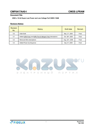 CMP0417AA0-I datasheet - 256K x 16 bit Super Low Power and Low Voltage Full CMOS RAM