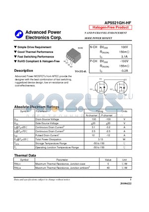 AP5521GH-HF datasheet - N-CHANNEL ENHANCEMENT MODE POWER MOSFET