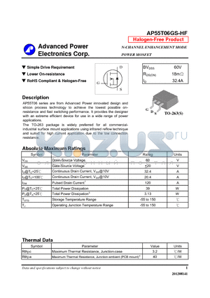 AP55T06GS-HF datasheet - Simple Drive Requirement, Lower On-resistance