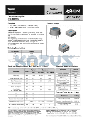 A57 datasheet - Cascadable Amplifier 100 to 500 MHz