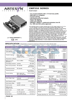 CMP350-9602 datasheet - Quad output 350 Watt AC/DC high wattage power supplies with PFC