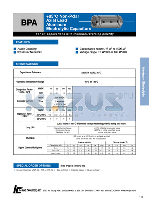 156BPA025M datasheet - 85`C Non-Polar Axial Lead Aluminum Electrolytic Capacitors