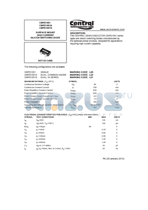 CMPD1001A datasheet - SURFACE MOUNT HIGH CURRENT SILICON SWITCHING DIODE