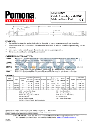 2249-Y datasheet - Cable Assembly with BNC Male on Each End