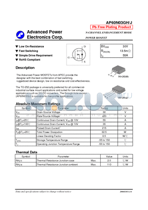 AP60N03GH datasheet - Low On-Resistance Fast Switching