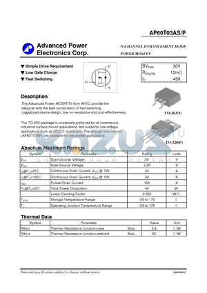 AP60T03AS datasheet - Simple Drive Requirement Low Gate Charge