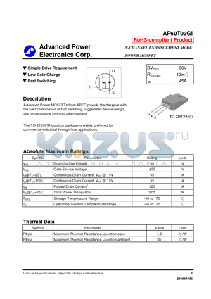 AP60T03GI datasheet - Simple Drive Requirement Low Gate Charge