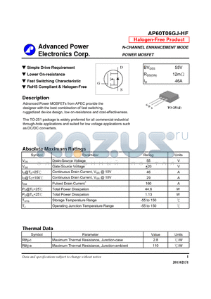 AP60T06GJ-HF datasheet - Simple Drive Requirement, Lower On-resistance, Fast Switching Characteristic