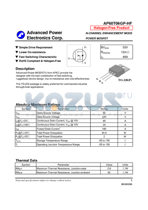 AP60T06GP-HF datasheet - Simple Drive Requirement, Lower On-resistance, Fast Switching Characteristic