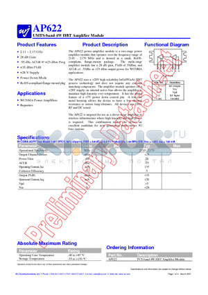 AP622 datasheet - UMTS-band 4W HBT Amplifier Module