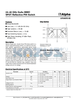 AP640R5-00 datasheet - 24-40 GHz GaAs MMIC SPDT Reflective PIN Switch