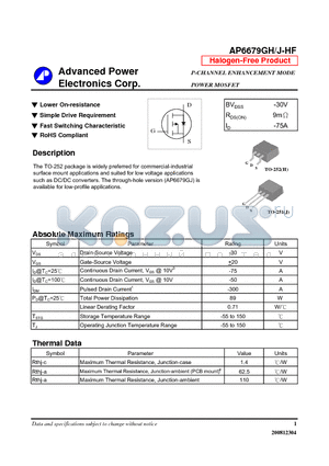 AP6679GJ-HF datasheet - Lower On-resistance, Simple Drive Requirement