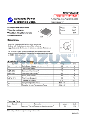 AP6679GM-HF datasheet - Simple Drive Requirement, Low On-resistance