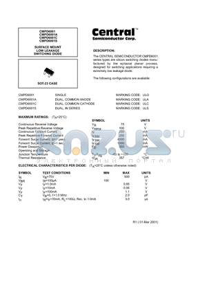 CMPD6001 datasheet - SURFACE MOUNT LOW LEAKAGE SWITCHING DIODE