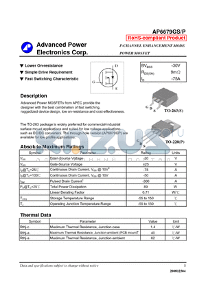 AP6679GP datasheet - P-CHANNEL ENHANCEMENT MODE POWER MOSFET