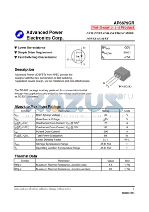 AP6679GR datasheet - Lower On-resistance, Simple Drive Requirement