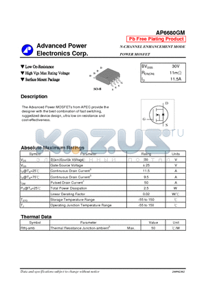 AP6680GM datasheet - Low On-Resistance, High Vgs Max Rating Voltage