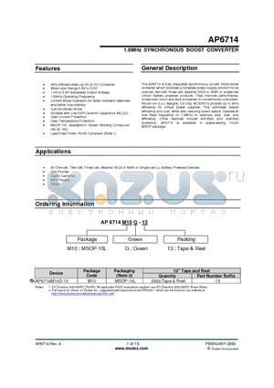 AP6714M10G-13 datasheet - 1.8MHz SYNCHRONOUS BOOST CONVERTER