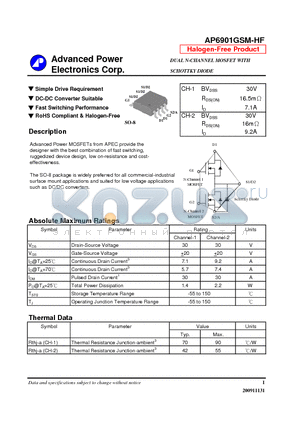AP6901GSM-HF datasheet - Simple Drive Requirement, DC-DC Converter Suitable
