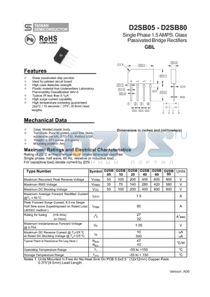 D2SB05 datasheet - Single Phase 1.5 AMPS. Glass Passivated Bridge Rectifiers GBL