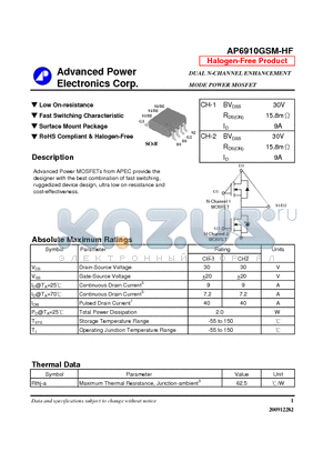 AP6910GSM-HF datasheet - Low On-resistance, Fast Switching Characteristic