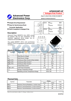 AP6920GMT-HF datasheet - Simple Drive Requirement, Easy for Synchronous Buck Converter Application