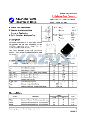AP6921GMT-HF datasheet - Simple Drive Requirement, Easy for Synchronous Buck Converter Application