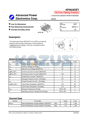 AP6924GEY datasheet - N-CHANNEL MOSFET WITH SCHOTTKY DIODE