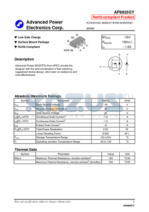 AP6925GY datasheet - Low Gate Charge, Surface Mount Package