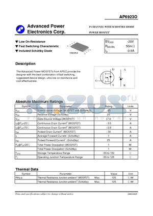 AP6923O datasheet - P-CHANNEL WITH SCHOTTKY DIODE POWER MOSFET