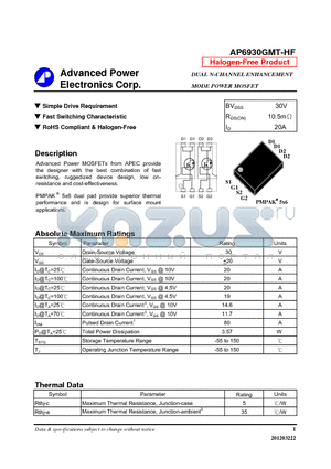 AP6930GMT-HF datasheet - Simple Drive Requirement, Fast Switching Characteristic