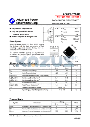 AP6950GYT-HF datasheet - Simple Drive Requirement, Easy for Synchronous Buck Converter Application