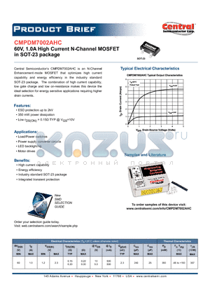 CMPDM7002AHC datasheet - 60V, 1.0A High Current N-Channel MOSFET in SOT-23 package