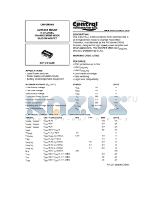 CMPDM7003 datasheet - SURFACE MOUNT N-CHANNEL ENHANCEMENT-MODE SILICON MOSFET