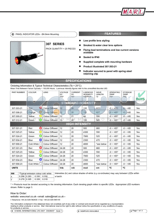 307-301-04 datasheet - PANEL INDICATOR LEDs - 4.8mm Mounting