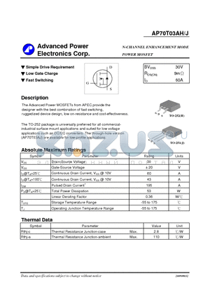 AP70T03AH datasheet - Simple Drive Requirement, Low Gate Charge